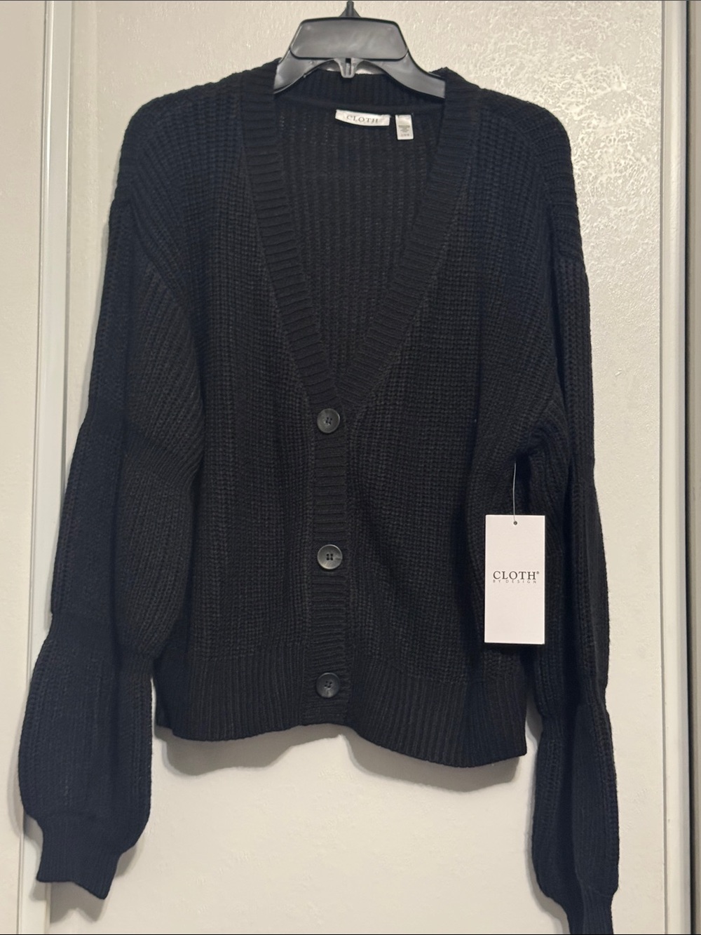 Black Ribbed V-Neck Button Cardigan